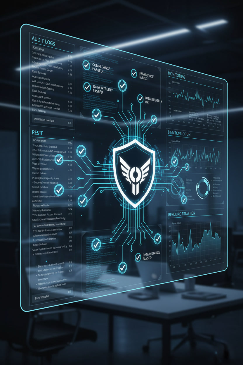 AI governance and adoption dashboard showing audit logs, compliance checks, data integrity monitoring, and resource utilization