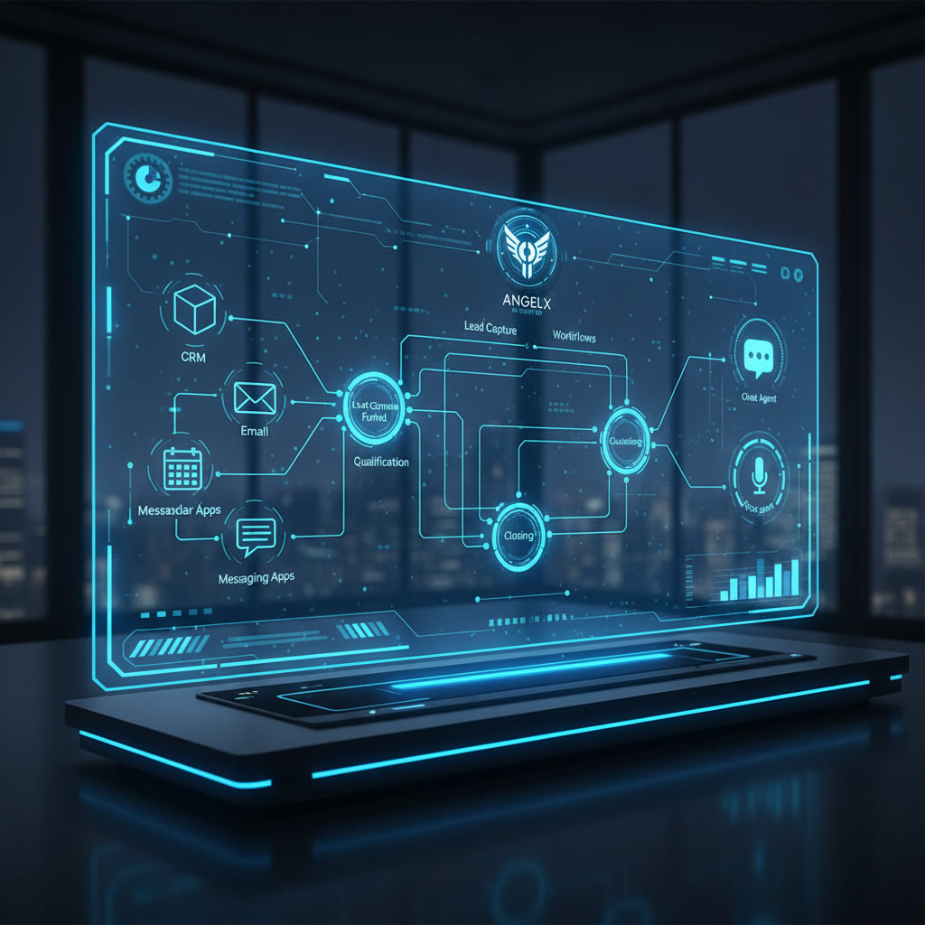 AI compliance workflow dashboard showing CRM, email, and messaging app integrations with lead capture, qualification, and outreach automation